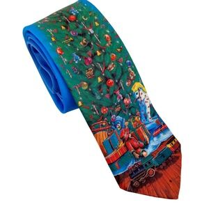 Ralph Marlin Mens Christmas Tree‎ Tie Holiday Train Nutcracker Blue USA 1989
